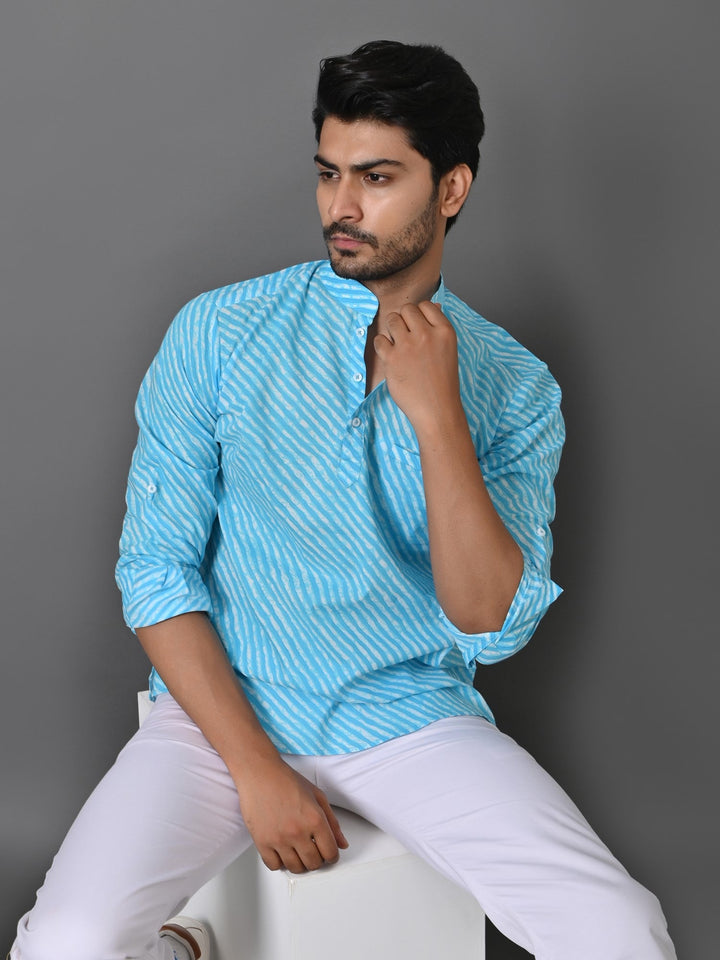 Leheriya Turquoise Blue Short Kurta