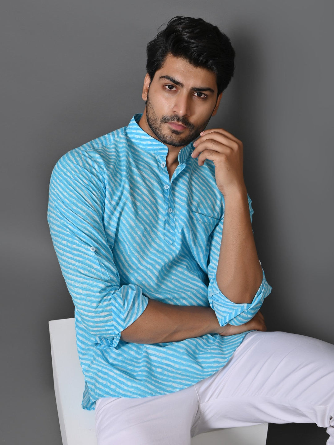 Leheriya Turquoise Blue Short Kurta