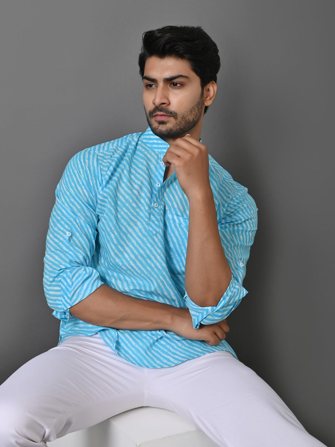 Leheriya Turquoise Blue Short Kurta