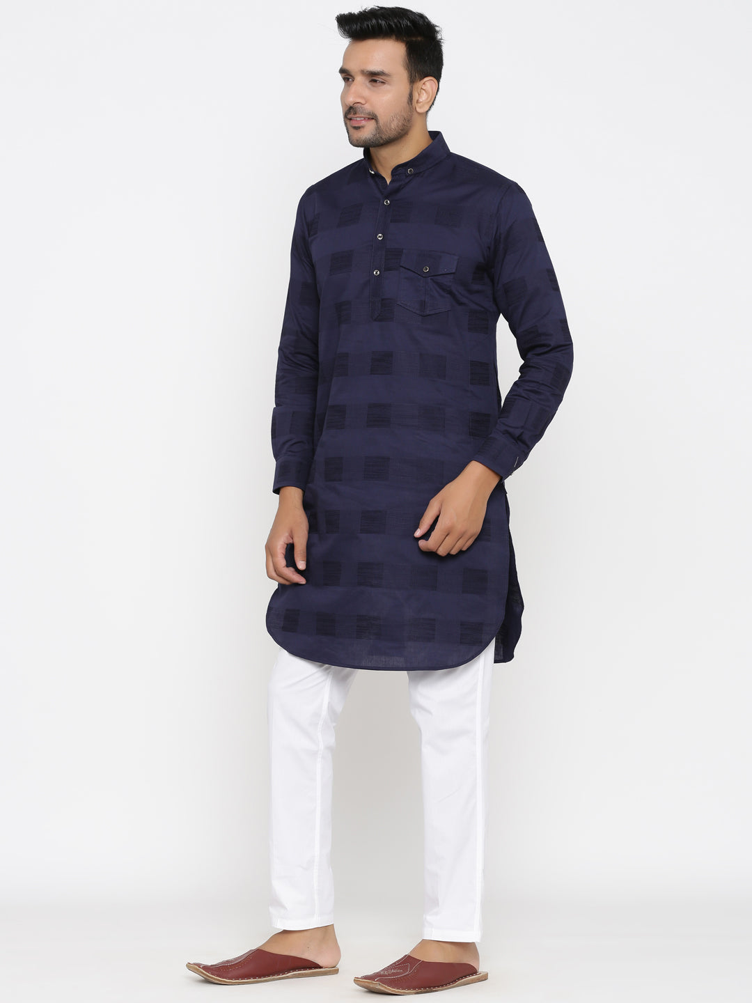 Textured Navy Blue Pathani Set