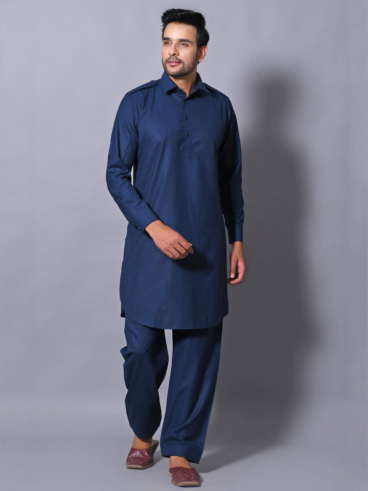 Textured Navy Blue Pathani Set
