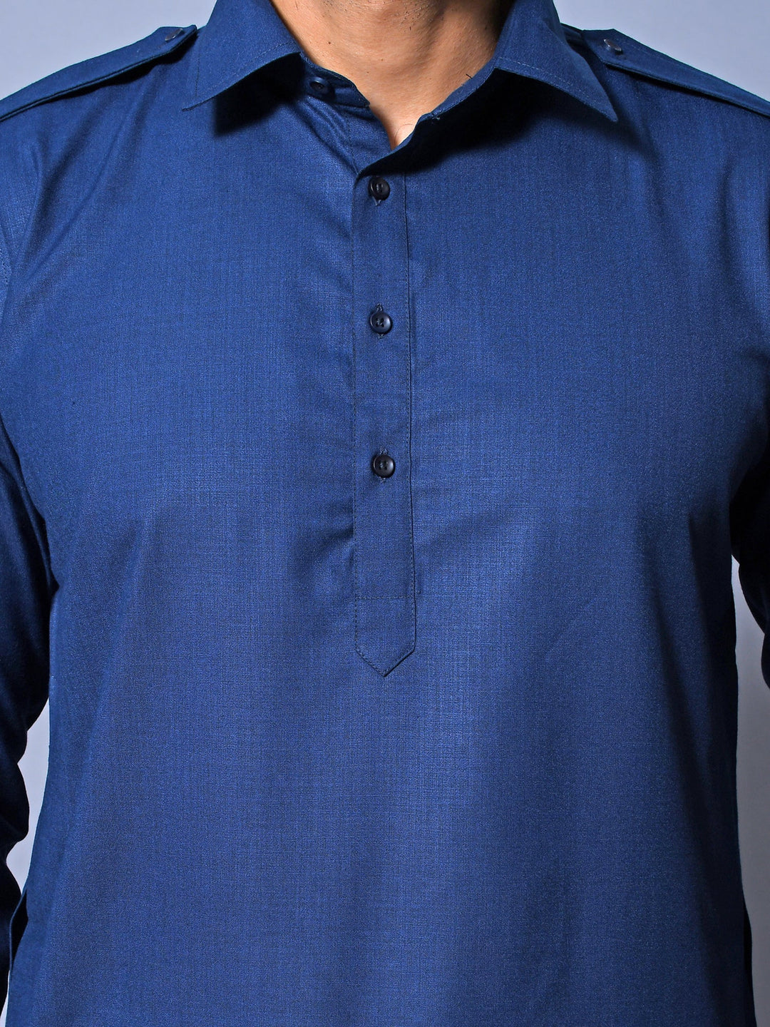 Textured Navy Blue Pathani Set