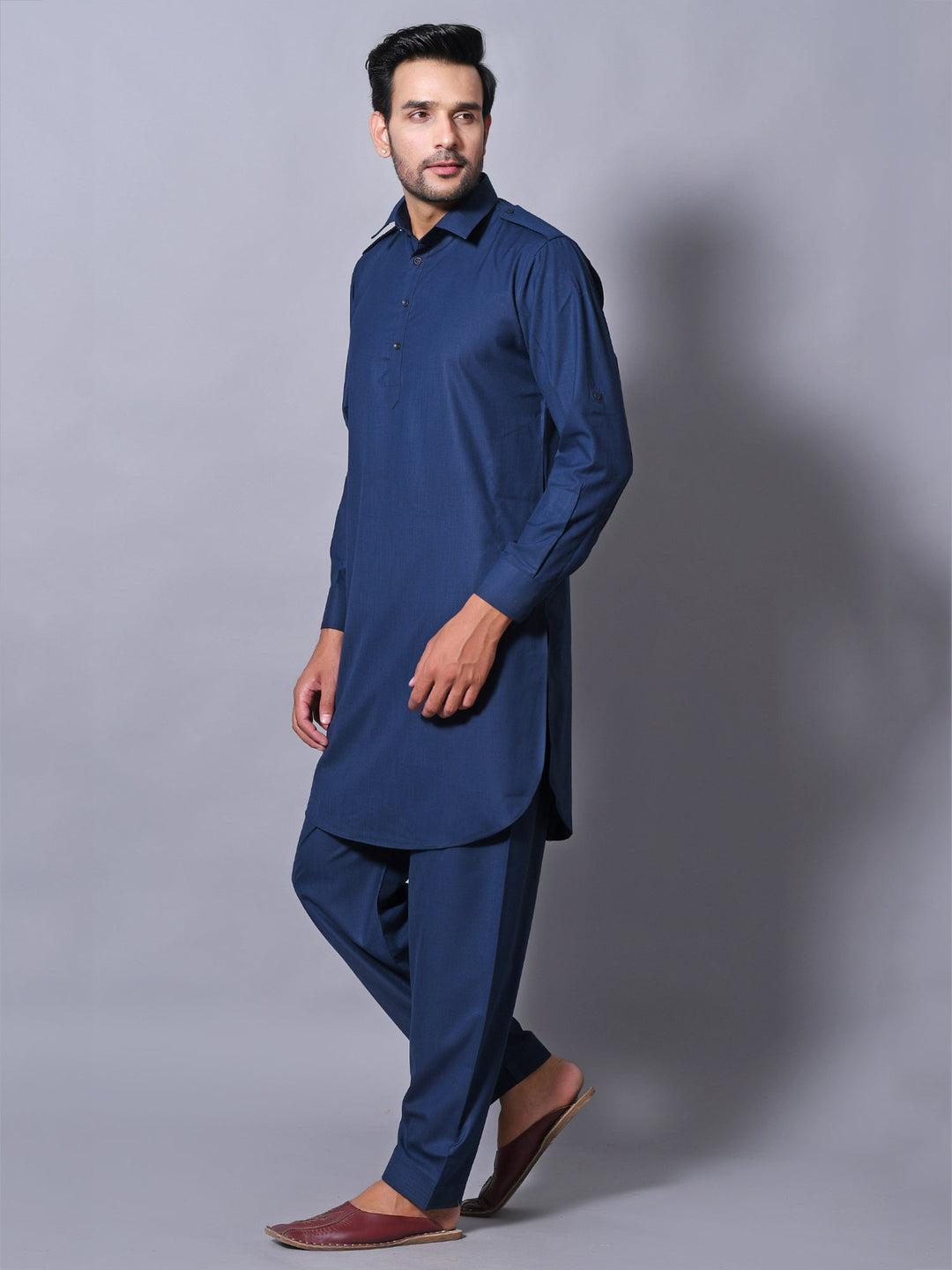 Textured Navy Blue Pathani Set