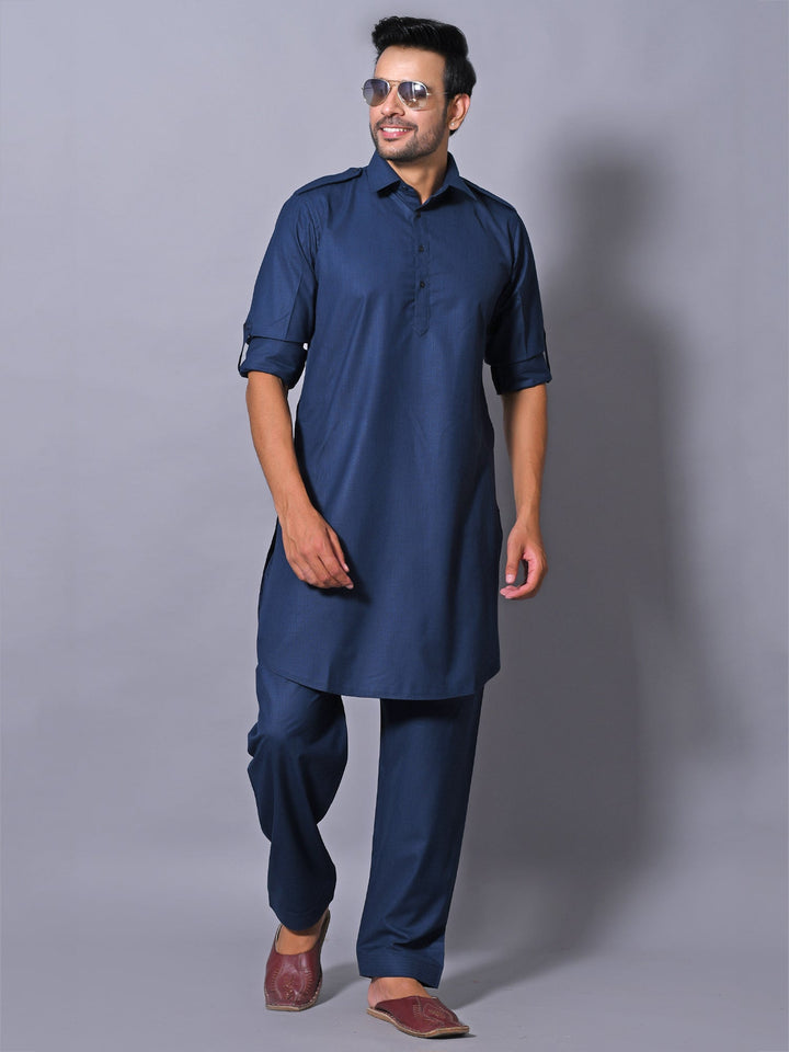 Textured Navy Blue Pathani Set
