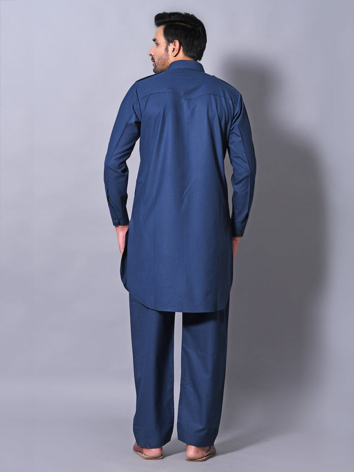 Textured Navy Blue Pathani Set