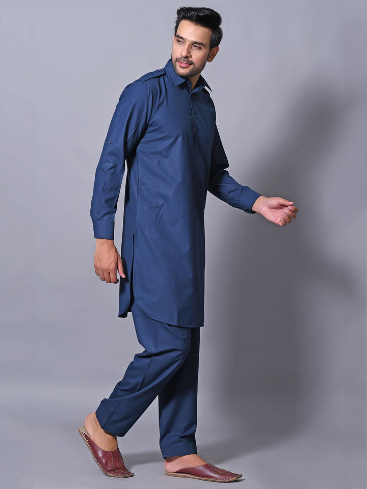 Textured Navy Blue Pathani Set