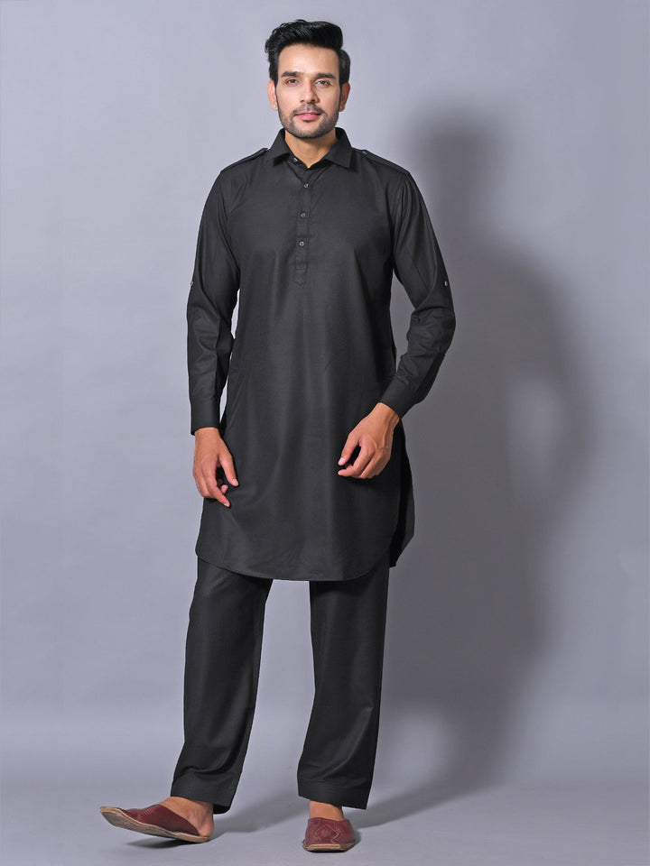 Solid Black Pathani Set