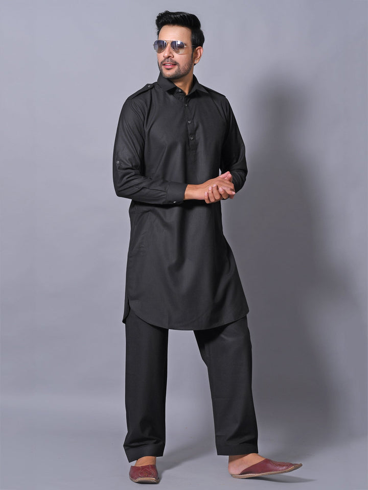Solid Black Pathani Set