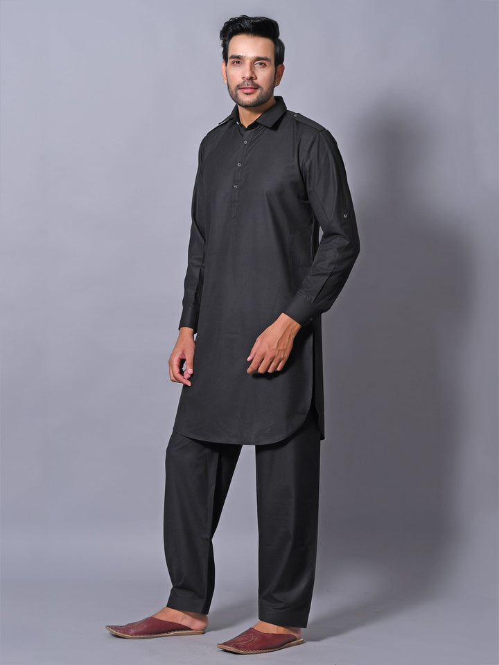 Solid Black Pathani Set
