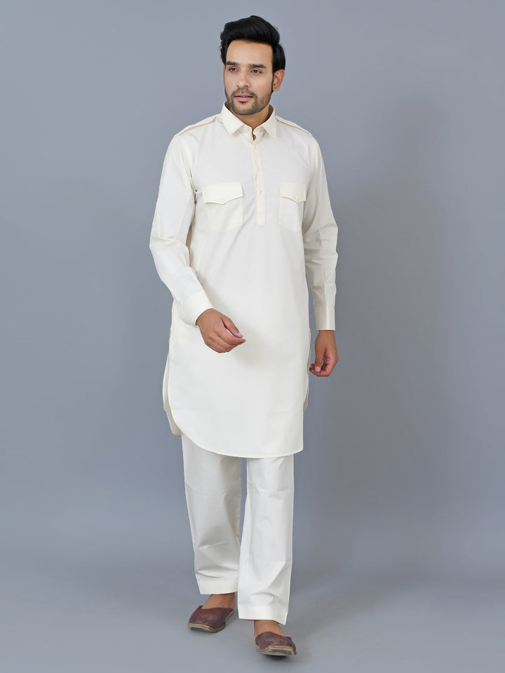 Textured Cream Pathani Set