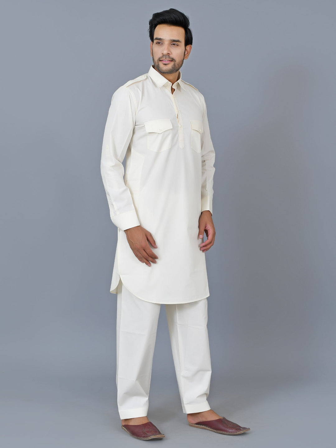 Textured Cream Pathani Set