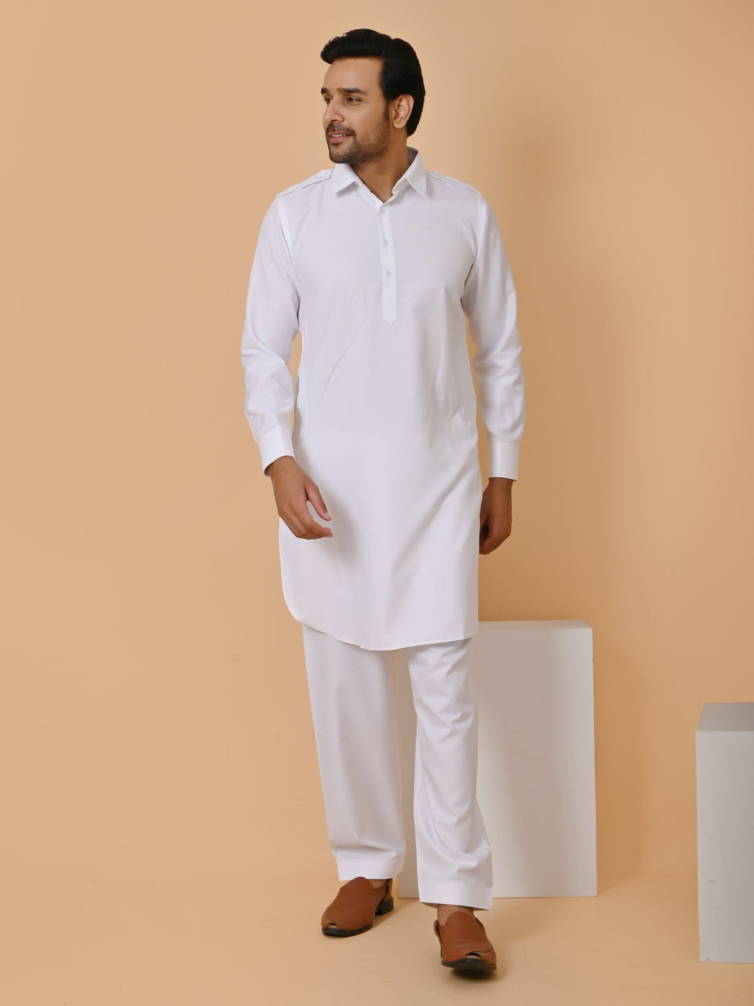 Solid White Pathani Set