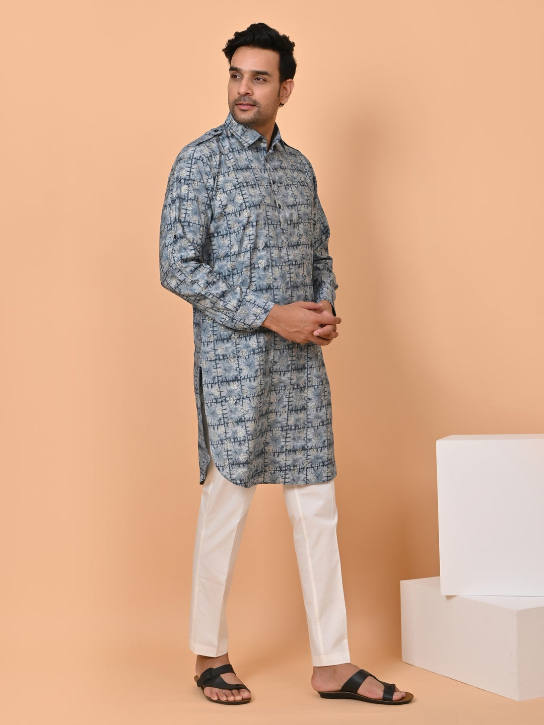 Geometric Grey Pathani Set