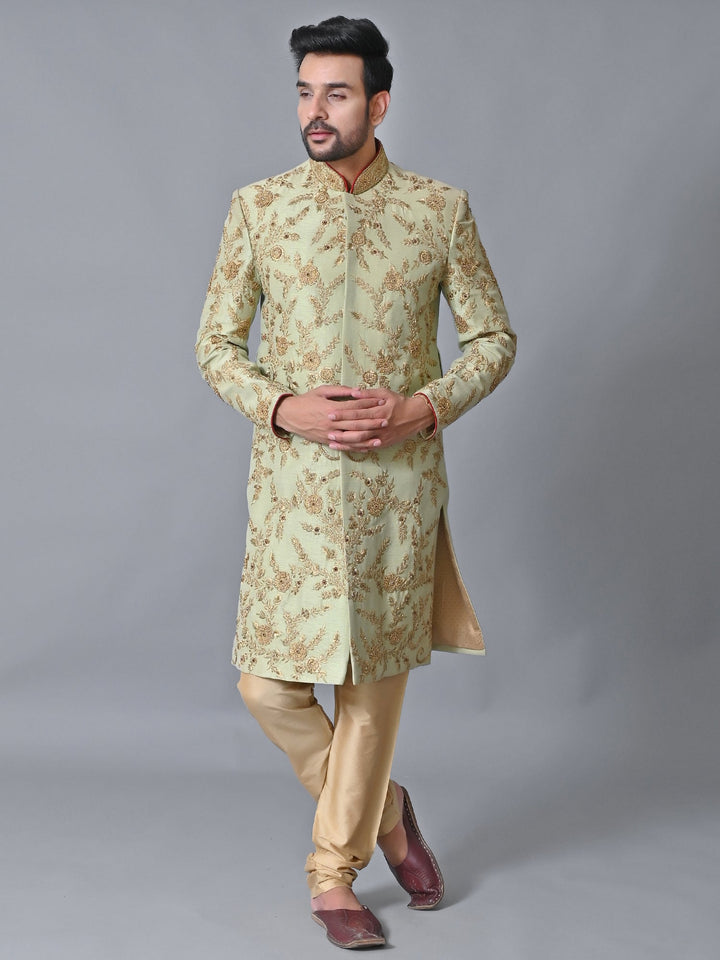 Woven Design Lime Green Sherwani