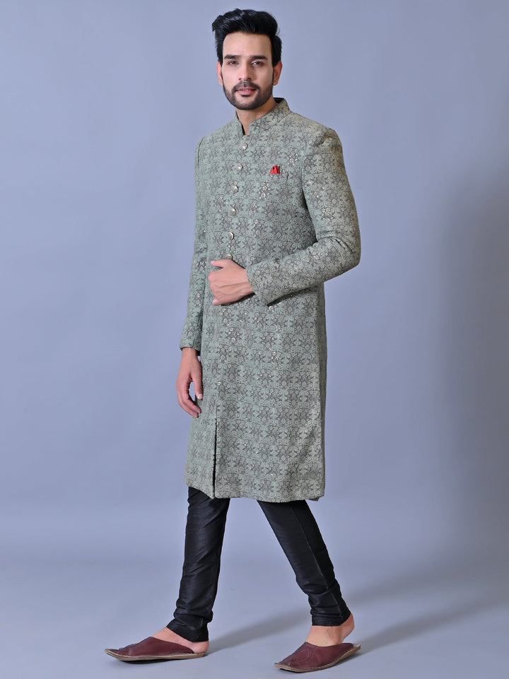 Ethnic Motifs Sea Green Sherwani