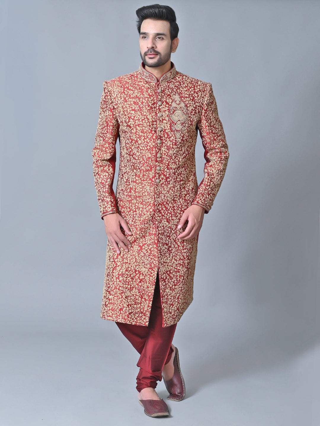 Woven Design Maroon Sherwani
