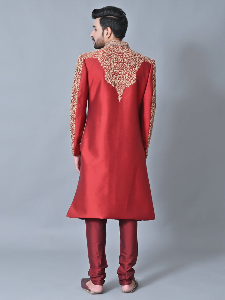Woven Design Maroon Sherwani