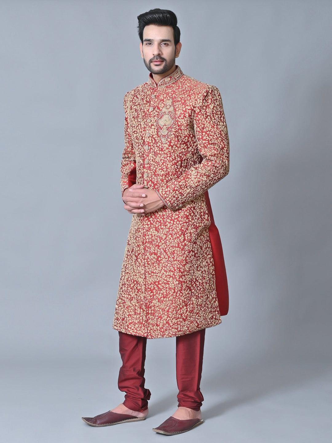 Woven Design Maroon Sherwani