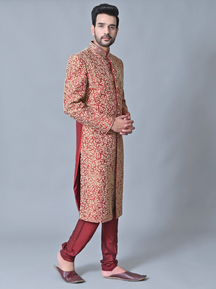 Woven Design Maroon Sherwani