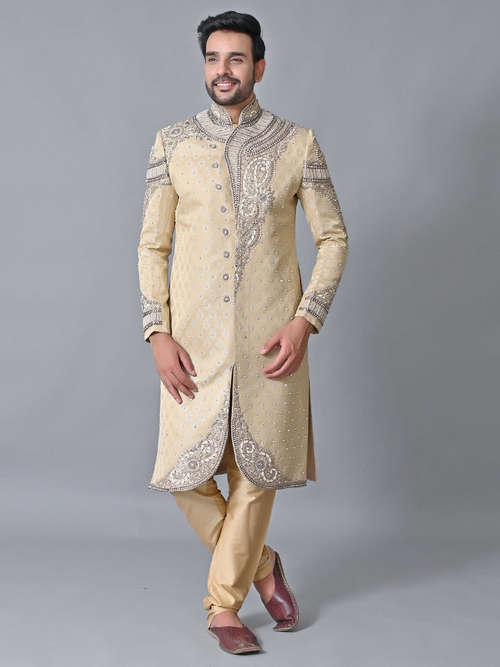 Woven Design Cream Sherwani