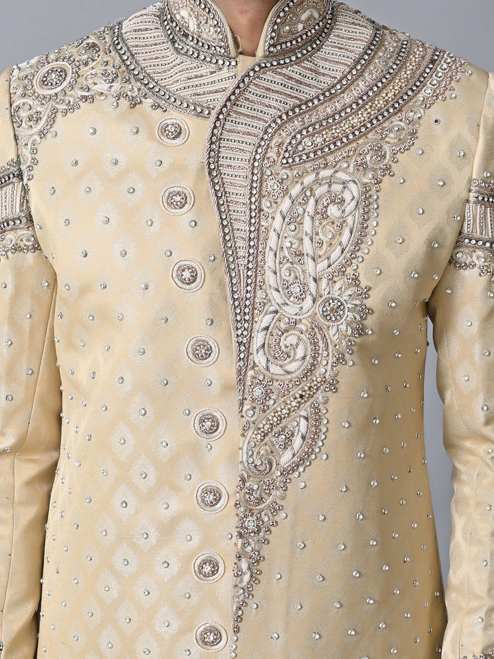 Woven Design Cream Sherwani