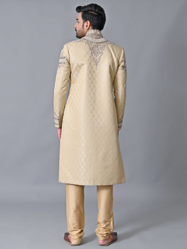 Woven Design Cream Sherwani