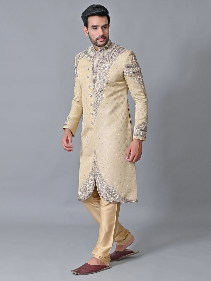 Woven Design Cream Sherwani