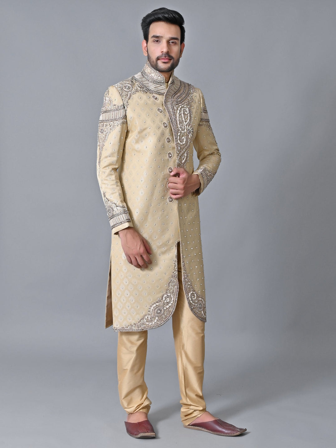 Woven Design Cream Sherwani