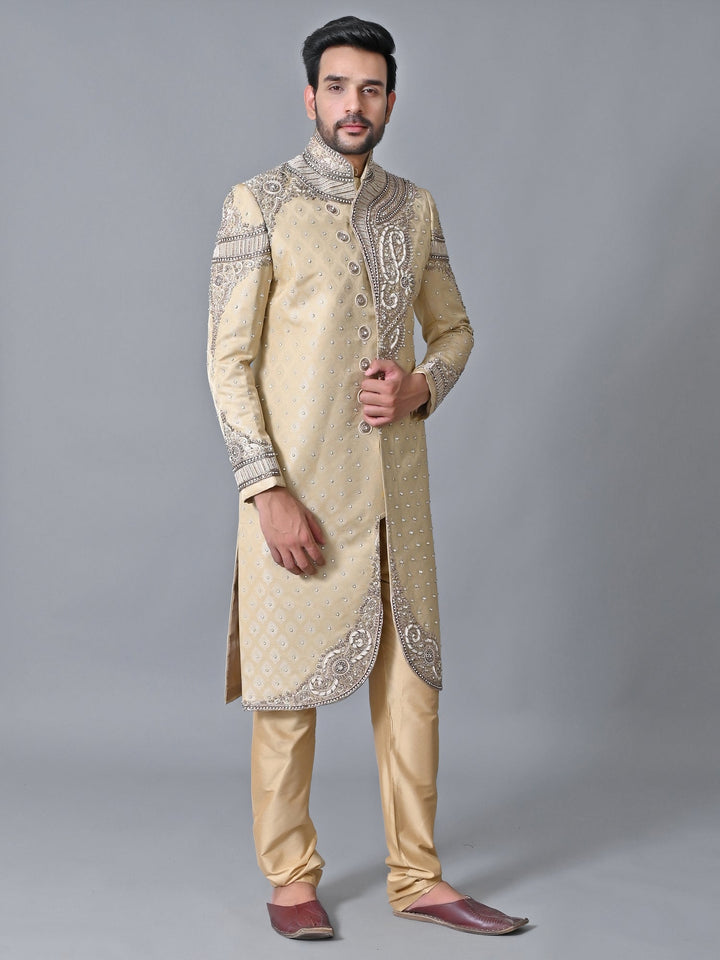 Woven Design Cream Sherwani