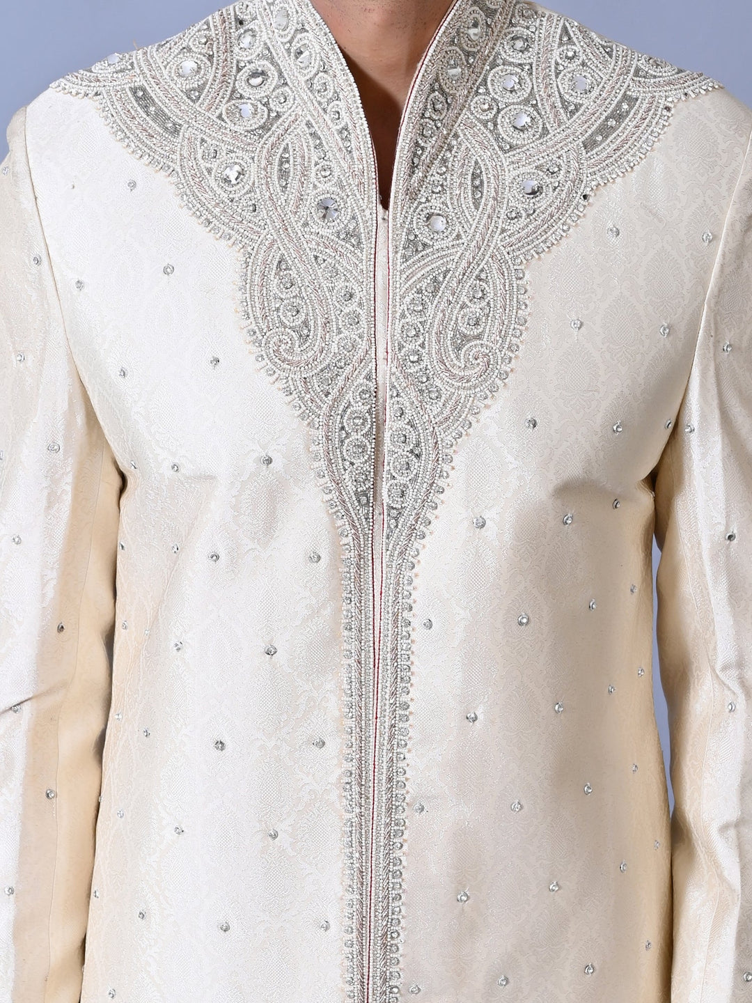 Woven Design Cream Sherwani