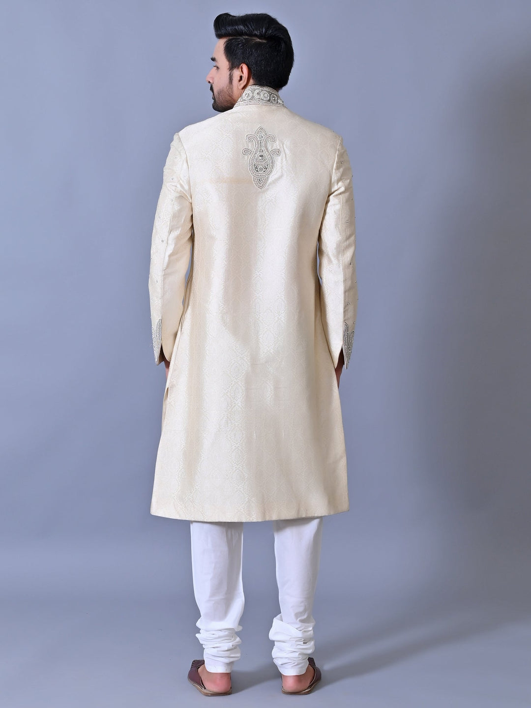 Woven Design Cream Sherwani