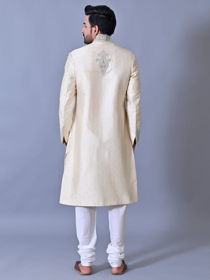 Woven Design Cream Sherwani