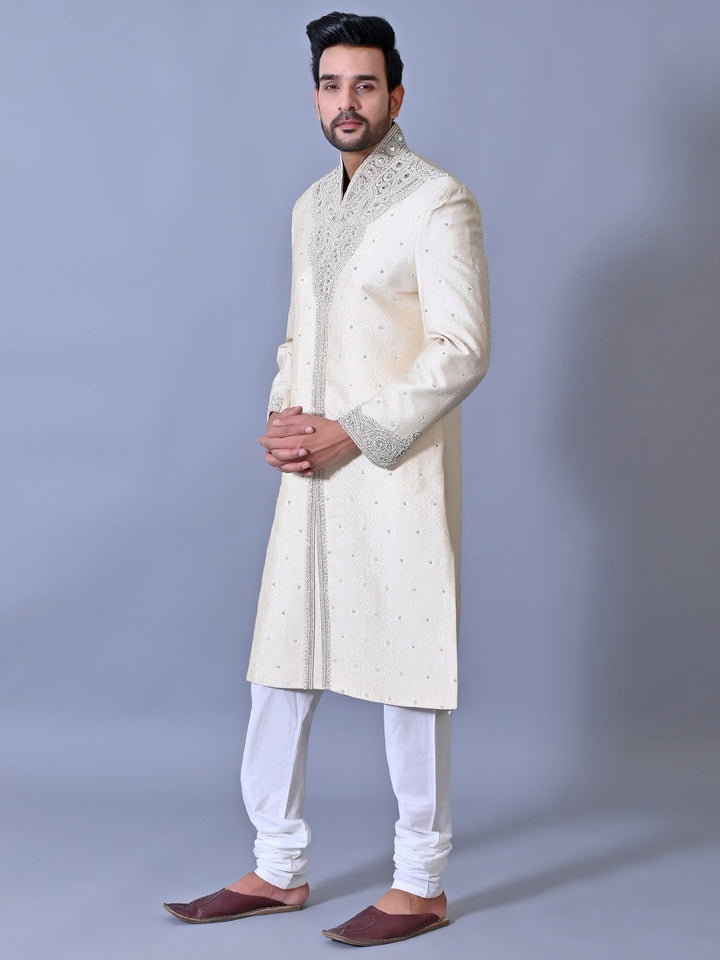 Woven Design Cream Sherwani
