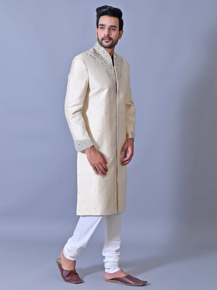 Woven Design Cream Sherwani